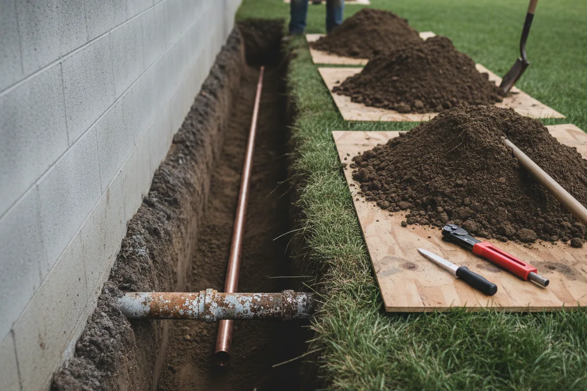 Excavated water line trench during Water Heater Repair in Saint Leonard